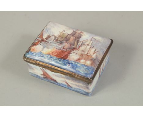 A GOOD 19TH CENTURY LORD NELSON PORCELAIN BOX the lid with a battle scene, the sides with a seascape with boats, the lid open