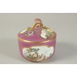 A MEISSEN PUCE GROUND SUGAR BOX the four cartouches painted in scenes of figures in a landscape, the