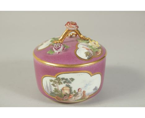 A MEISSEN PUCE GROUND SUGAR BOX the four cartouches painted in scenes of figures in a landscape, the lid with a gilt branch h