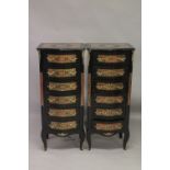 A GOOD PAIR OF BOULLE SIX DRAWER CHESTS. 3ft 9ins high x 1ft 8ins wide.