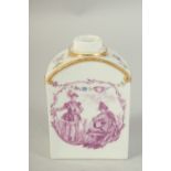 A TEA CADDY with two central cartouches painted in puce depicting figures from teh Commedia dell'