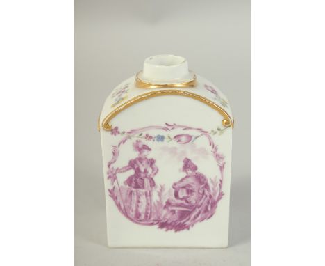 A TEA CADDY with two central cartouches painted in puce depicting figures from teh Commedia dell' Arte: Pantalone and Columbi
