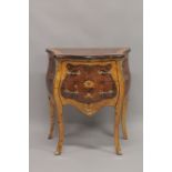 A LOUIS XVITH DESIGN INLAID BOMBE CHEST with two drawers, on curving legs.