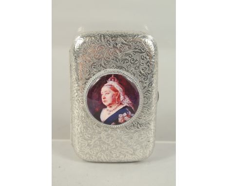 A VICTORIAN ENGRAVED SILVER CIGARETTE CASE with an enamel portrait of Queen Victoria. London 1905