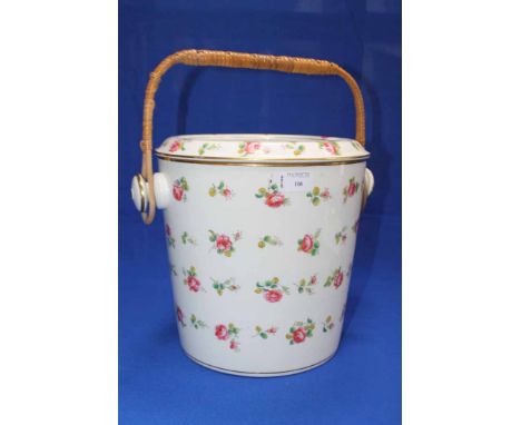 MINTON FLORAL LIDDED BUCKET
decorated with repeating roses, lid with basin and hole to bucket, cane handle, factory stamp to 