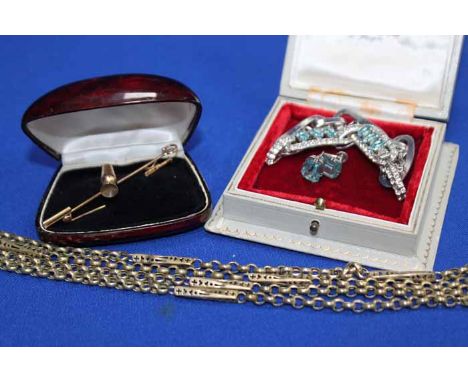LOT OF JEWELLERY
comprising pinchbeck guard chain, gilt bar brooch, lady's Avia watch, paste bracelet and paste earrings