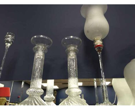 LARGE GLASS CANDLESTICKS AND BRASS FOUR BRANCH CANDLESTICK