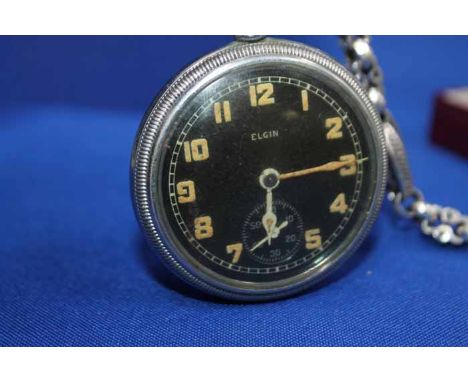 ELGIN MILITARY TYPE POCKET WATCH ON A SILVER FANCY LINK ALBERT CHAIN