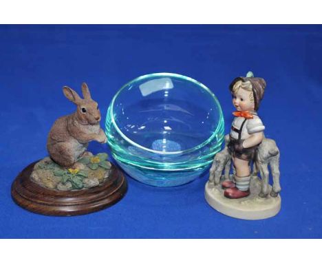 GOEBEL FIGURE OF A BOY AND HIS DOG
together with a Royal Doulton figure of a rabbit and a Caithness bowl