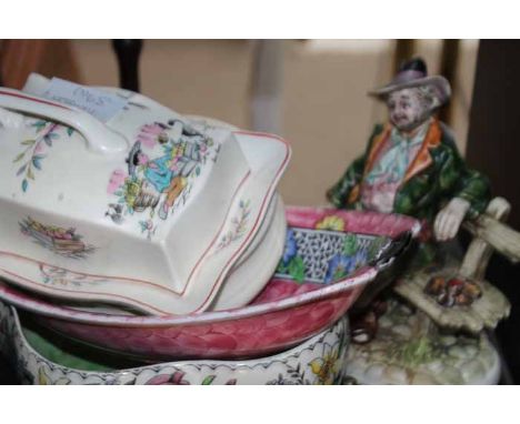 COLLECTION OF CERAMICS
including Maling lustre dishes, Capodimonte figure modelled as a gentleman sitting on a bench and a co