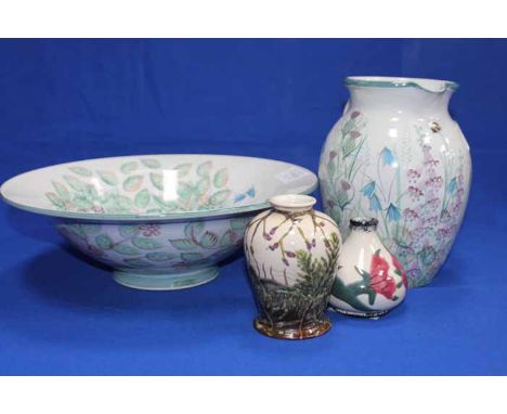 TWO COBRIDGE STONEWARE VASES
one with scene of a field framed with thistles, the other with pink flowaers; together with a Sc