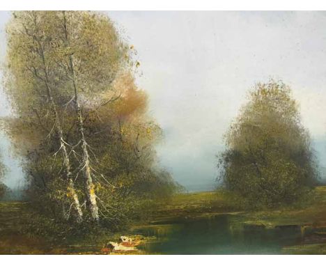 THREE FRAMED OIL PAINTINGS
all on canvas, comprising a chinese women smoking a pipe, a seascape and a scene of a river in a r