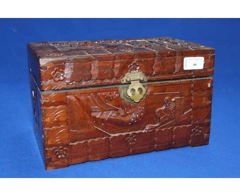 CARVED WOODEN JEWEL CASKET
containing collectables including US dollar coins, George III coins, etc; together with other smal