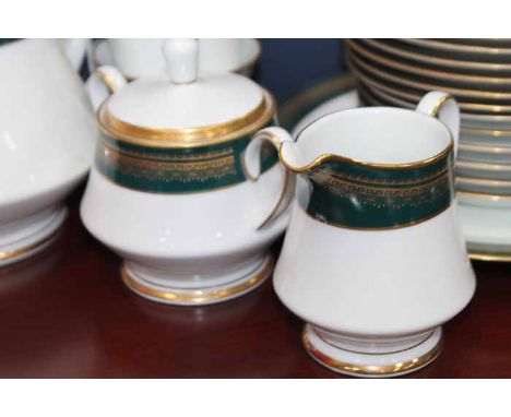 LEGACY BY NORITAKE COVENTRY PATTERN TEA SET
teal and gilt borders, five cups, saucers, cream, sugar and teapot