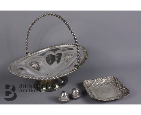 Silver trinket tray, stamped sterling approx 14 x 14 cms monogrammed SC together with a pair of silver condiment (salt and pe
