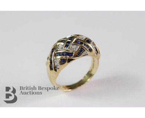 14ct yellow gold white stone and sapphire dress ring, approx 10 pts of dias and 43 x 1.5mm sapphires, size N, approx 5.9 gms.