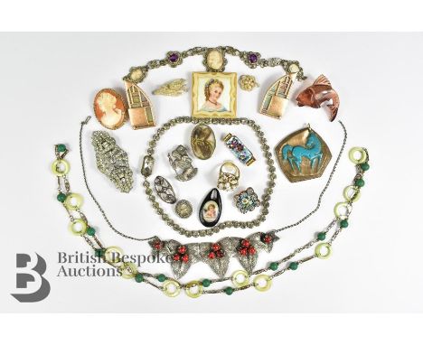 Miscellaneous costume jewellery, including opal ring, micro-mosaic brooches, pendants, miniature portrait etc.