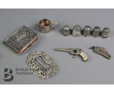 Miscellaneous silver items, including a silver belt buckle Birmingham hallmark dated 1901 approx 62 x 45 mm; Book of Common P