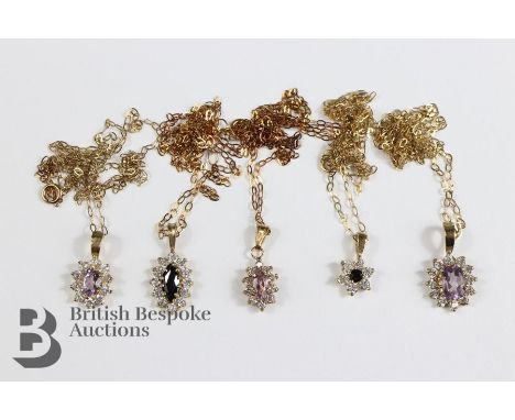 Five silver gilt amethyst, sapphire and CZ pendants, suspended from fine silver gilt chains, approx 5 gms. Note: one chain br