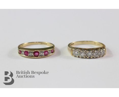 9ct yellow gold five stone diamond ring, approx 12.5 pts of dias, size N, together with a 9ct gold and ruby ring, set with fi