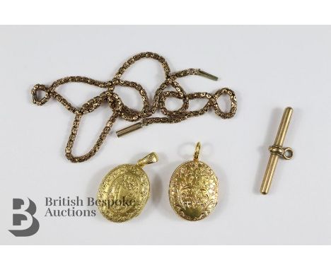 Two 14ct yellow gold (tested) lockets, both approx 26mm, both with floral engraving, approx 11 gms together with a 9ct gold c