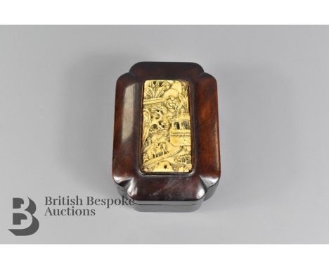 Chinese trinket box and cover. The cover set with an oval bone carving depicting a pagoda, approx 40 x 80 mm, the box measure