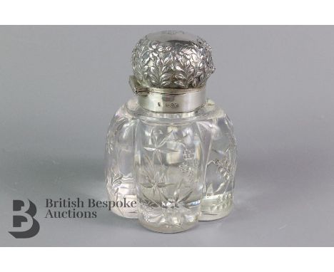 Victorian silver and cut glass inkwell, etched with flowers and insects, approx 14 cms h, London hallmark dated 1895, mm Will