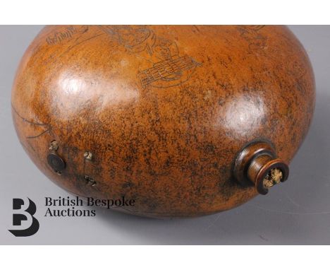 19th century Corsican souvenir gourd flask, incised with a pastoral scene on one side and floral design on the other, inscrip