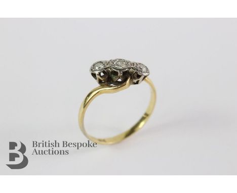 18ct yellow gold three stone diamond ring, I/J SI2, size Q, approx 2.4 gms, set with approx 22 pts of old-cut dias.&nbsp;