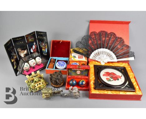 Quantity of Chinese items, including boxed dragons eyes, Cantonese framed embroidery depicting a peony, boxed wax seal, two s