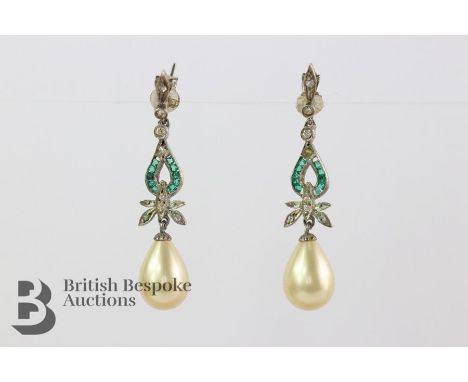 Pair of Art Deco pearl, emerald and diamond paste earrings, approx 35 mm drop.&nbsp;