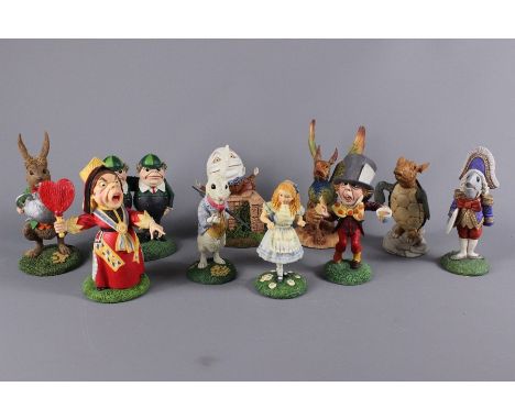 Collection of Goebel Alice in Wonderland resin figurines, including The Fish, Humpty Dumpty, Tweedle Dee/Tweedle Dum, Mad Hat