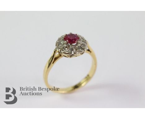 18ct yellow gold diamond and ruby ring, size K+, the ruby measures approx 4mm, set with approx 8 pts of eight-cut of dias, ap