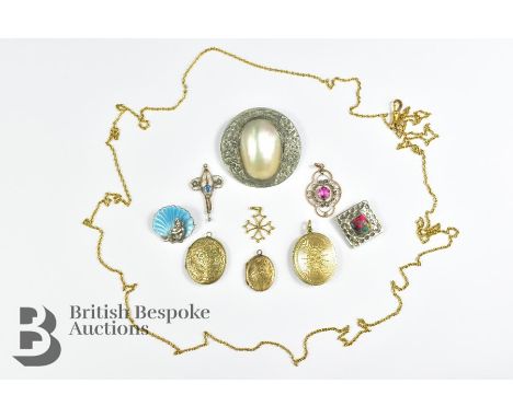 Miscellaneous jewellery, including a mother of pearl brooch, two lockets, enamel pixie brooch, two Victorian pendants, hammer