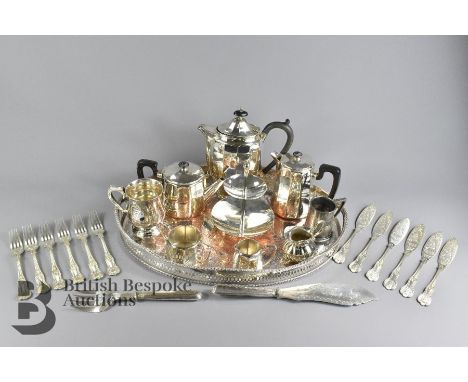 Large box of silver plate, including Cardinal plate coffee pot, tea pot, hot-water pot, milk jug and sugar bowl, fruit bowl a