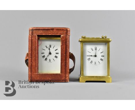 Early 20th century brass carriage clock, white enamel face with Roman dial, approx 8 x 7 x 11.5 cms, engraved B.E.F 1915-1930