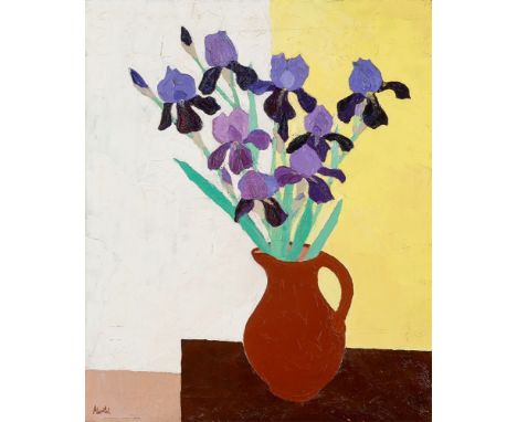 Martel Schwichtenberg (Hannover 1896 – 1945 Sulzburg/Baden). Stillleben mit Schwertlilien. Öl auf Leinwand. 99,2&nbsp;×&nbsp;