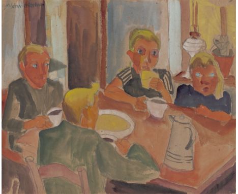 Martel Schwichtenberg (Hannover 1896 – 1945 Sulzburg/Baden). Familie am Tisch sitzend. Aquarell, Deckweiß und Bleistift auf P