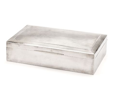 A SILVER CIGAR BOX, JOHN ROSE, BIRMINGHAM, 1961 rectangular, with engine-turned lightly domed lid, cedar lined interior, 25.5