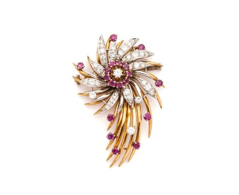 RUBY AND DIAMOND BROOCH, 1950s designed as a flower set with brilliant-cut diamond petals framing a centre of circular-cut ru