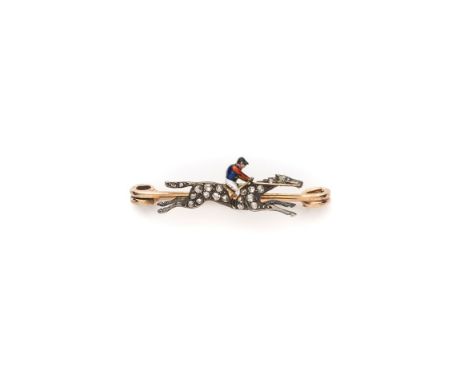 GOLD, ENAMEL AND DIAMOND JOCKEY BROOCH, 1900s designed as a horse and jockey, the galloping horse decorated with rose-cut dia