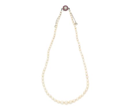 NATURAL PEARL NECKLACE. 1900s designed as a graduated row of 78 natural pearls graduated form 7.2mm to 3.7, to a target clasp