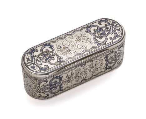 A FRENCH SILVER SNUFF BOX, PARIS, MID 19TH CENTURY rounded oblong, with blue taille-d'épargne scrolling strapwork surrounding