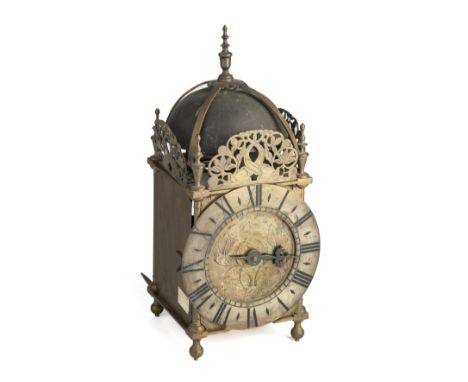 A BRASS LANTERN CLOCK, CIRCA 1700 AND LATER with a 6 1/2  inch silvered chapter ring applied over the dial plate engraved wit