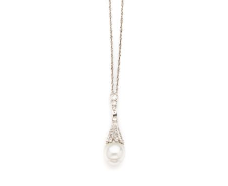 CULTURED PEARL AND DIAMOND PENDANT supporting a single 10.5mm cultured pearl to a cupola surmount accented with single-cut di