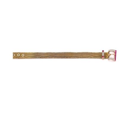 JARRETIERE GOLD, RUBY AND DIAMOND BRACELET, 1930s the woven mesh link bracelet to a rose-cut diamond and calibre-cut ruby buc