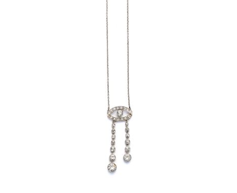 EDWARDIAN DIAMOND NEGLIGEE PENDANT, 1900s supporting a pair of graduated articulated pendants, millegrain set with circular-c