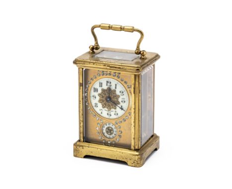 A FRENCH GILT-BRASS CARRIAGE ALARM CLOCK, DIETTE-HOUR FOR MAISON CARTIER, PARIS, 1890s eight-day timepiece movement, enamel d
