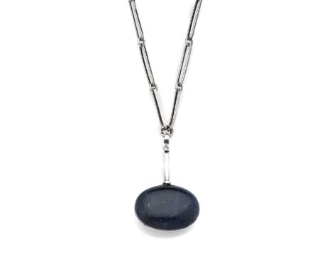 GEORG JENSEN, VIVIANNA TORUN BULOW-HUBE: SILVER AND SODALITE PENDANT, 1971 designed as a fetter link chain supporting a sodal