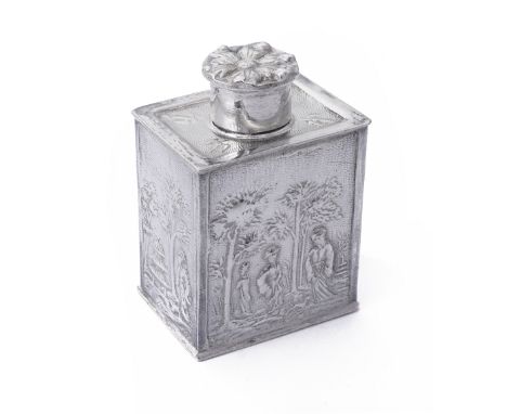 A DUTCH SILVER MINIATURE TEA CADDY, JAN BREDA, AMSTERDAM, CIRCA 1700 rectangular, chased with chinoiserie scenes on matted gr